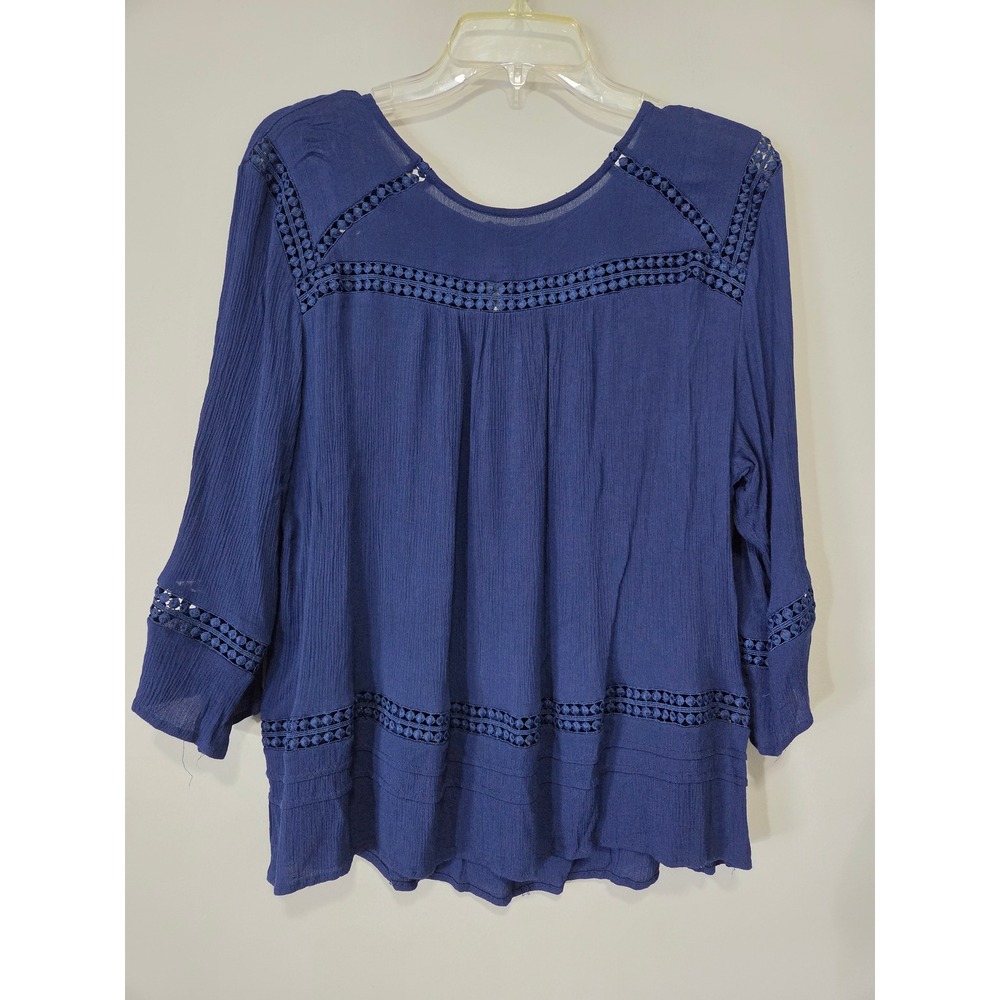 New Directions Blue Crochet Trim Crinkle Blouse XL 3/4‎ Sleeve Boho Top